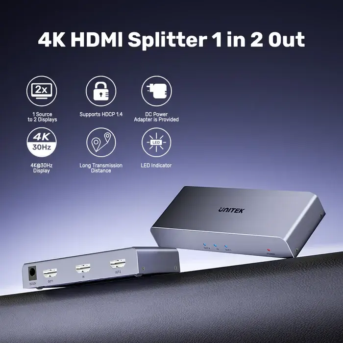 V1130A, UNITEK, HDMI Splitter, 4K HDMI Splitter 1 In 2 Out.