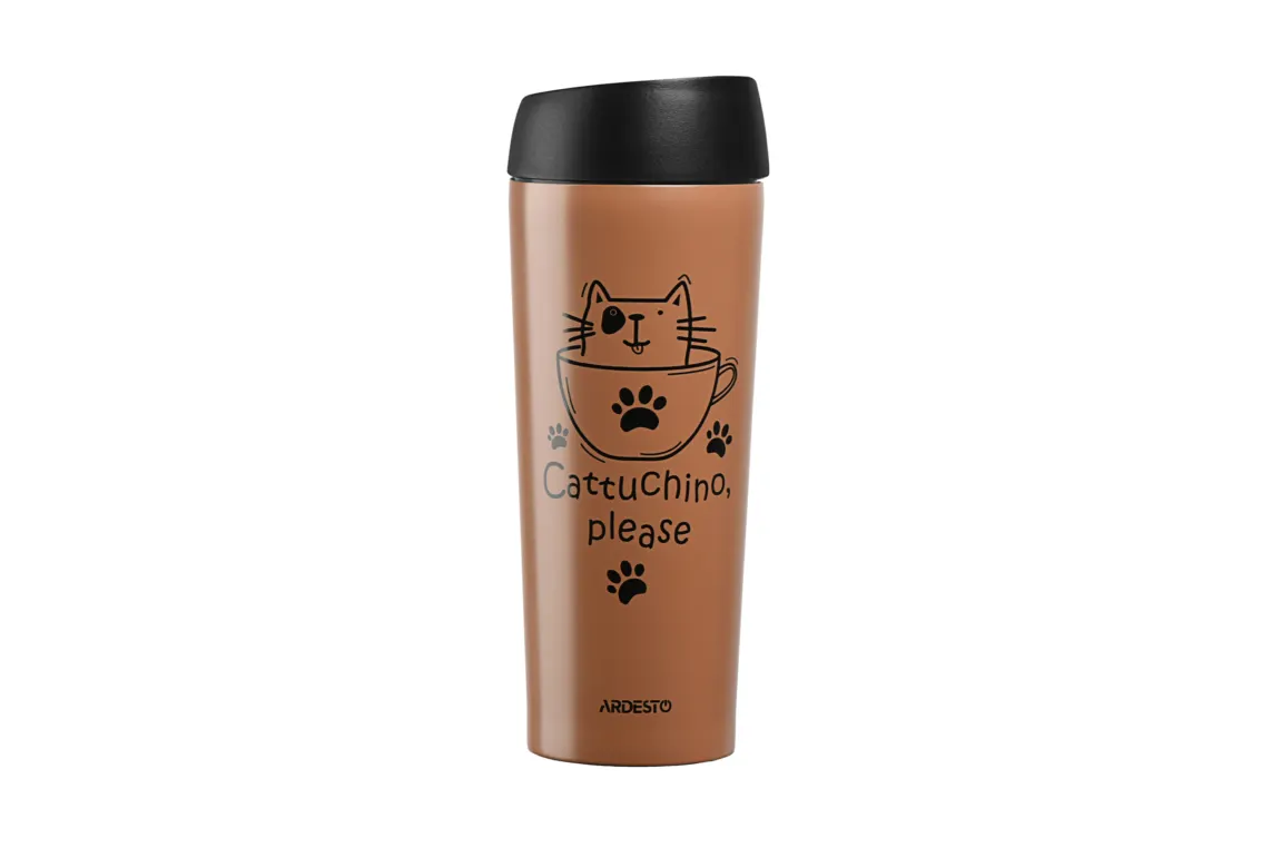თერმოჭიქა Ardesto Travel mug Coffee time Cat 450 ml, mocha, s/s