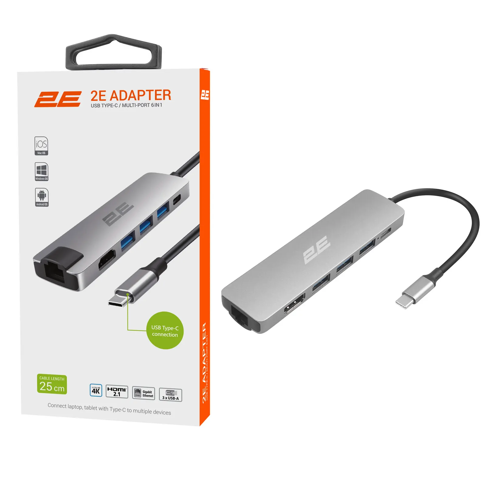 Type-C ჰაბი 2E Hub USB-C > 2xUSB-A 2.0/USB-A 3.0/USB-C PD/HDMI/Ethernet, 0.15m, silver