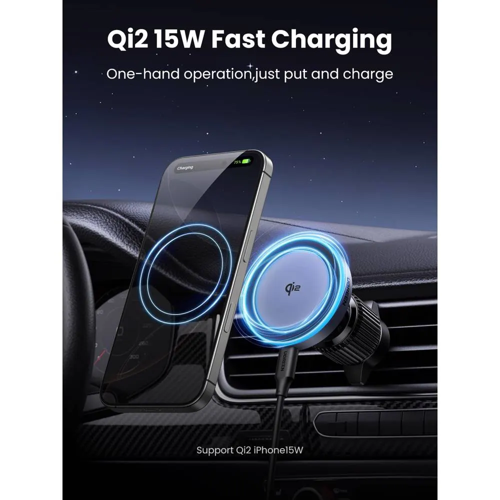 UGREEN 35970 Qi2, 15W, Wireless Car Mount Charger, Black/Grey