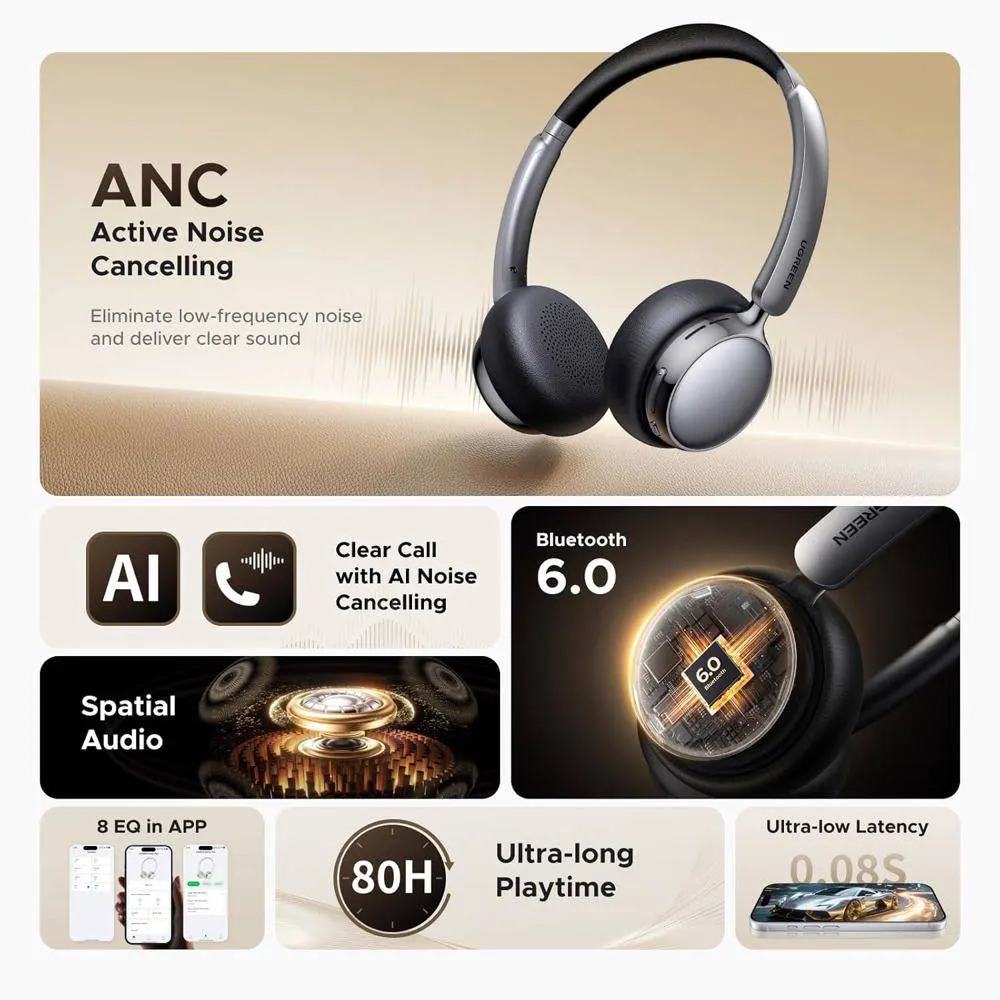 ყურსასმენი Ugreen HP207 (75630) Studio Plus, Headset, Wireless, Bluetooth, Black/Silver