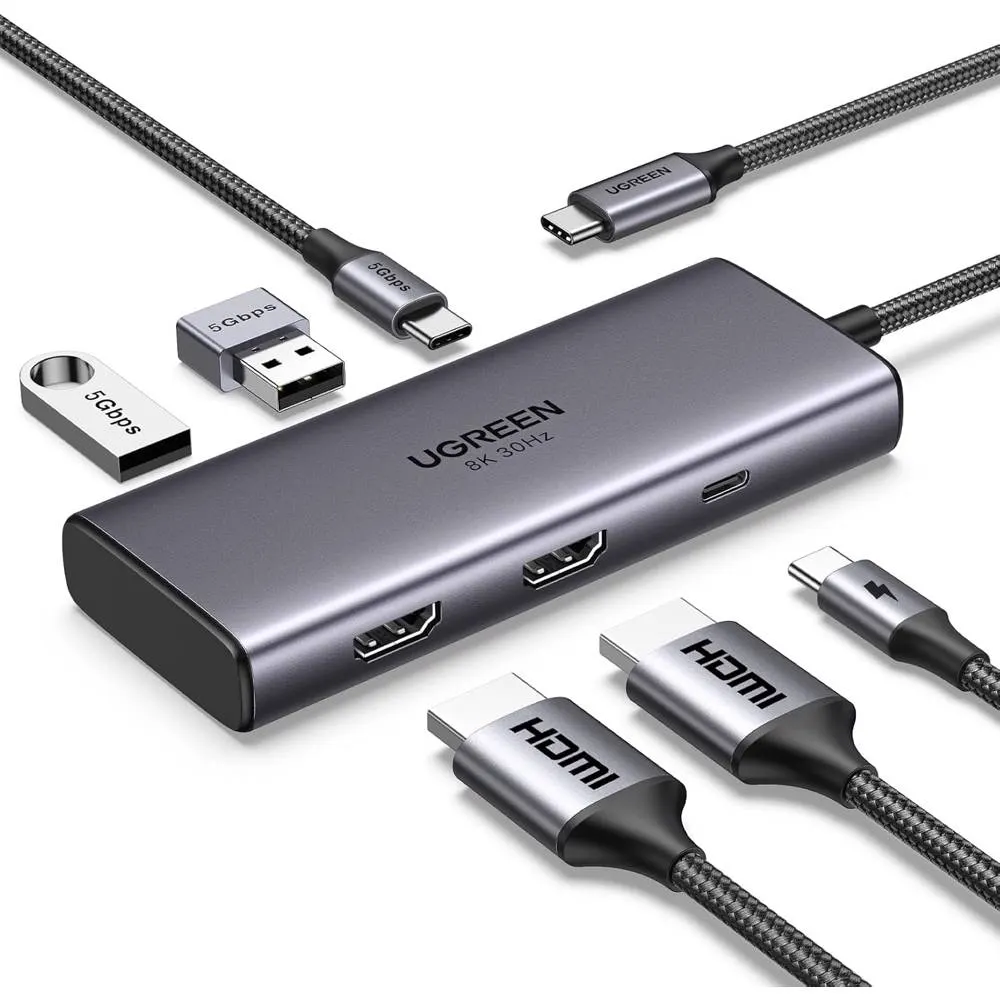 USB-C ჰაბი UGREEN CM498 (15852) Revodok 206, 2xHDMI, USB, Type-C, HUB, Grey