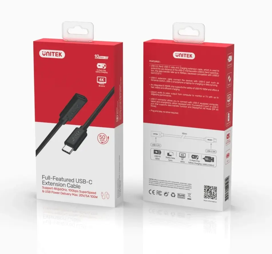 C14086BK,UNITEK Type-C 0.5M Full-Featured USB Male to Female Extension Cable,USB3.2 CM to C FM,with DATA 10Gbps/Display 4K/P