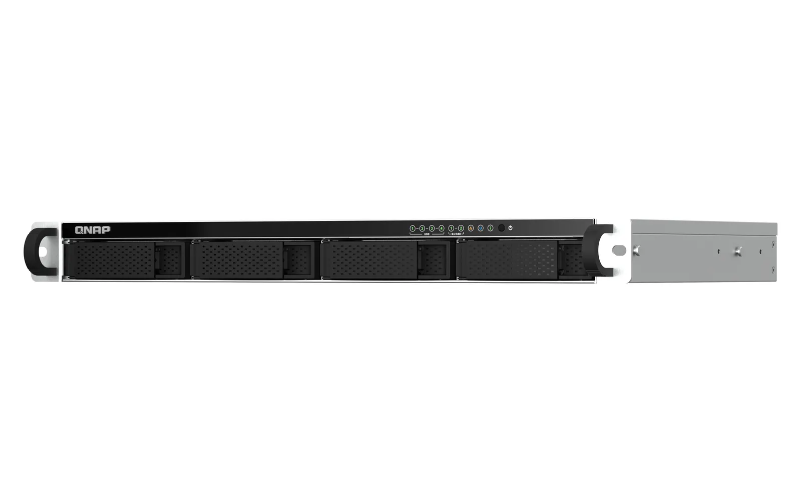 4-bay 1U short depth 12" rackmount NAS, Intel Celeron N5105/N5095 quad-core, burst up to 2.9 GHz; 4GB RAM (2 x SODIMM slots, max 16GB total); 4 x