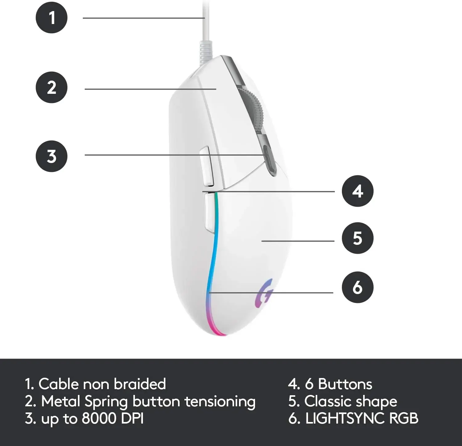 logitech, G203, Mouse (RGB) White