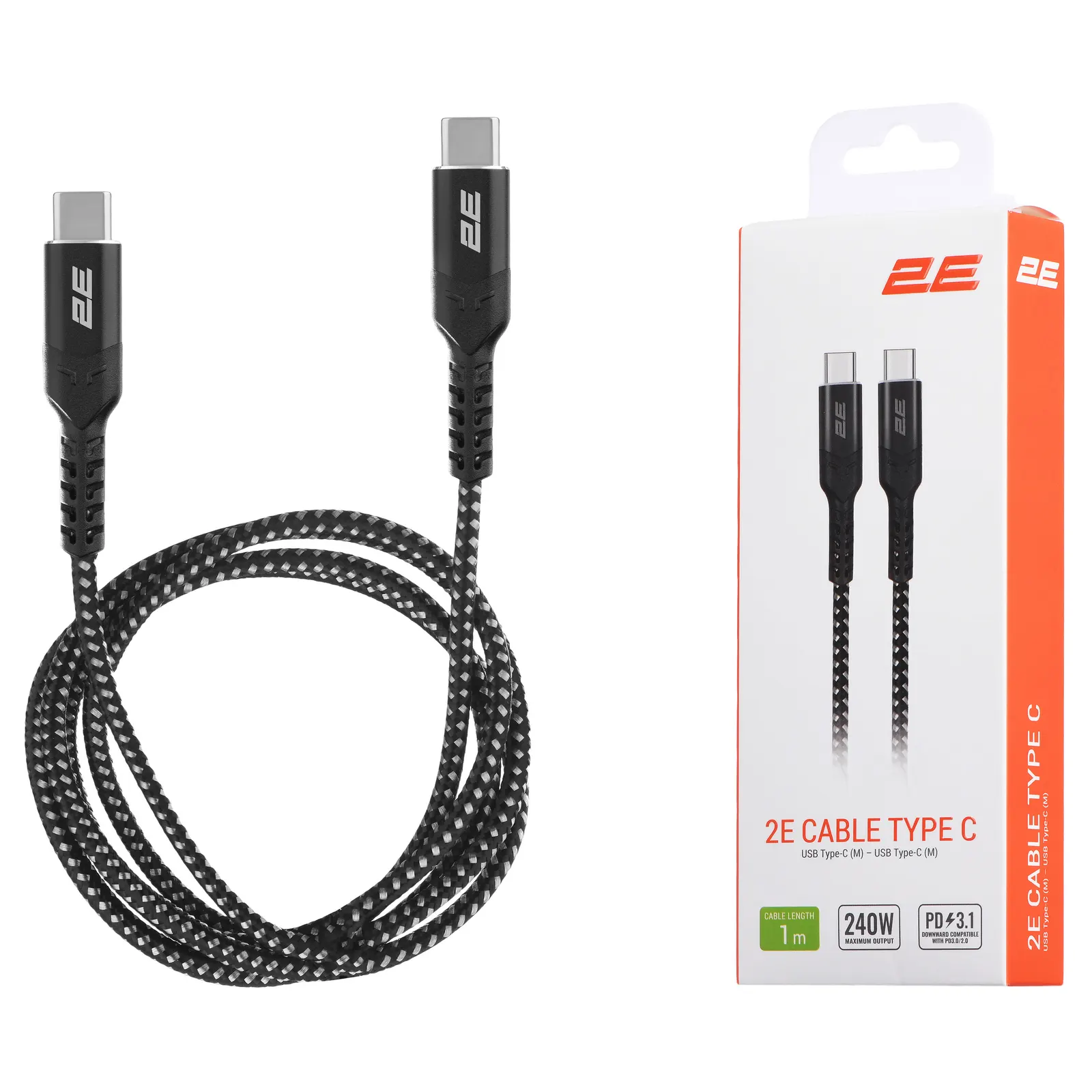 Type-C კაბელი 2E Cable USB-C > USB-C charge/data, 1m, 240W Type-C, Aluminum Shell, black