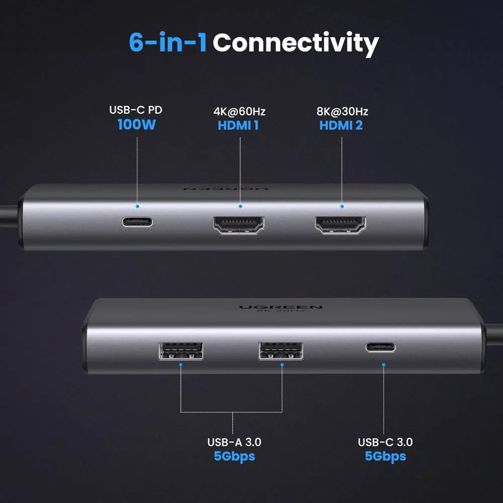 USB-C ჰაბი UGREEN CM498 (15852) Revodok 206, 2xHDMI, USB, Type-C, HUB, Grey