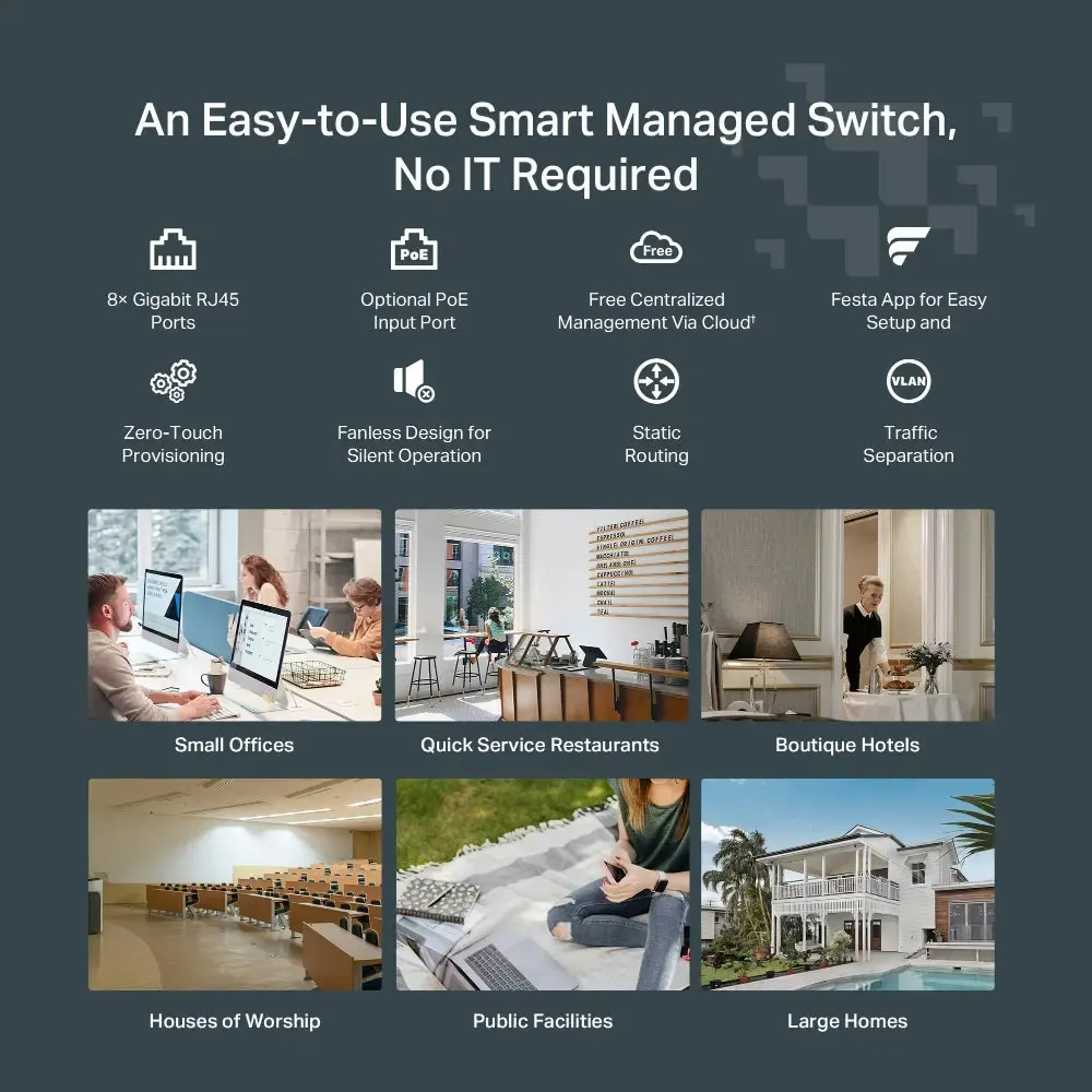 TP-Link, Festa FS308G, 8-Port 10/100/1000Mbps Smart Switch, Supports PoE input