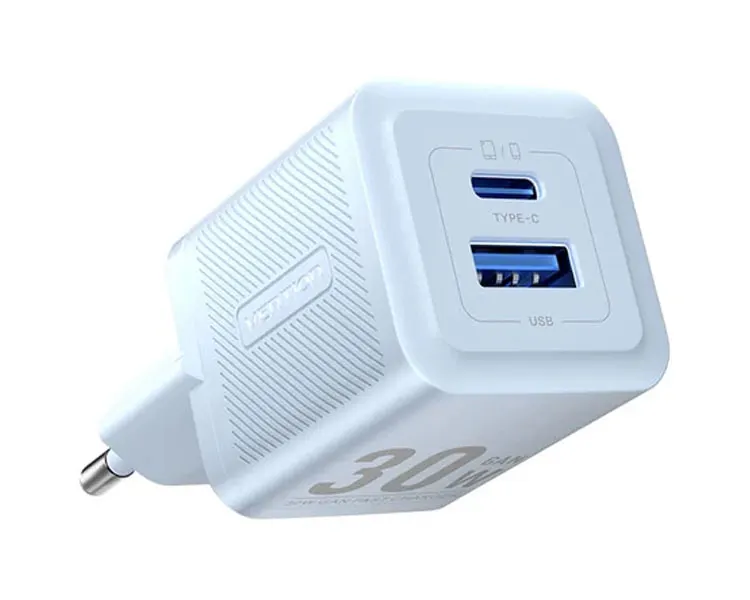 დამტენი Vention FEQL0-EU 2-Port USB/USB-C GaN Charger (30W/30W) EU-Plug Lake Blue