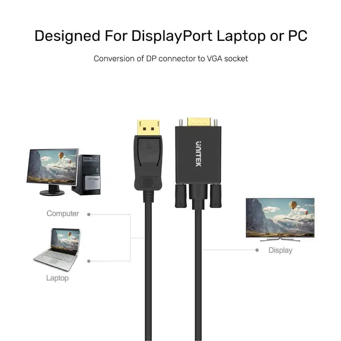 Y-5118F,UNITEK 1.8m Display Port Male to VGA Male Adapter