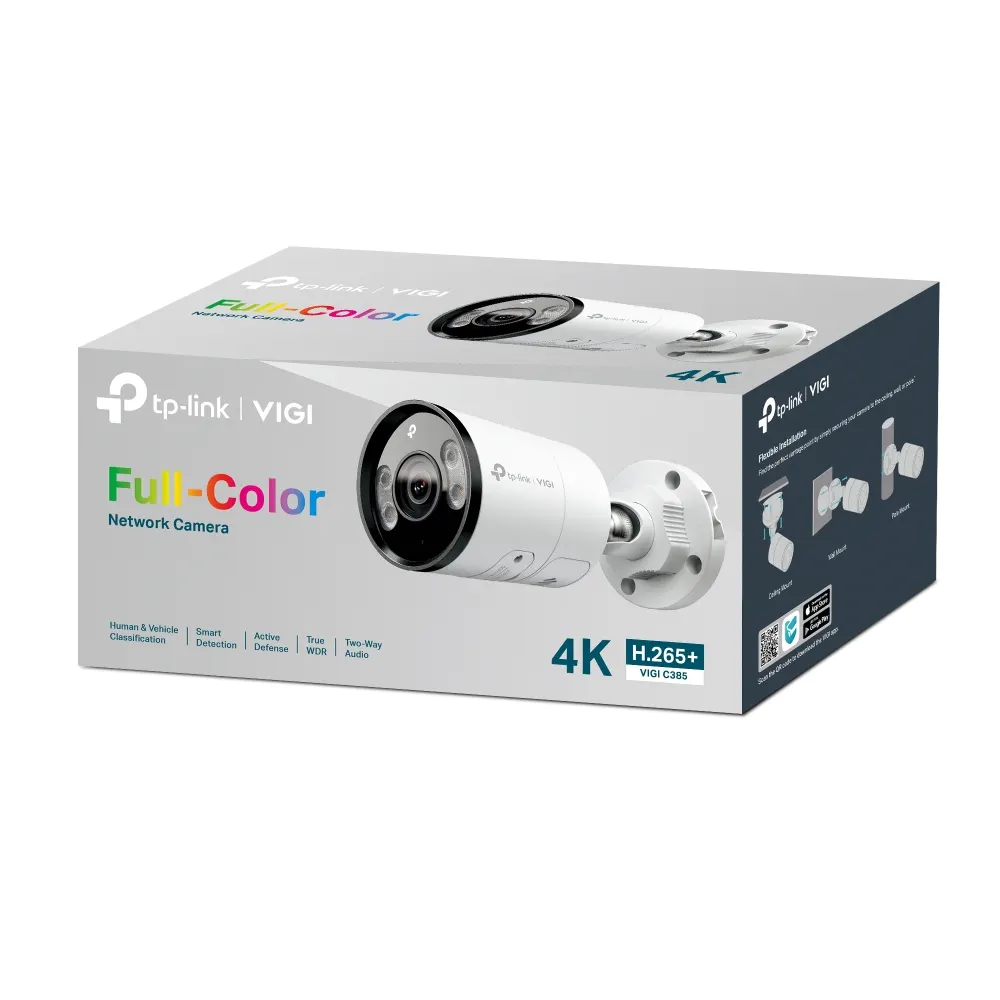 IP კამერა TP-Link VIGI C385 Full-Color Bullet Network Camera - Outdoor, 8MP, 3840 × 1620, 4mm Lens, 109.6° Diagonal Viewing Angle, Full-Color Night Vision, IR Cut Filter, RJ-45, IP67 Waterproof, PoE/12V DC, MicroSD Card Slot (Up to 256 GB), Two-Way Audio