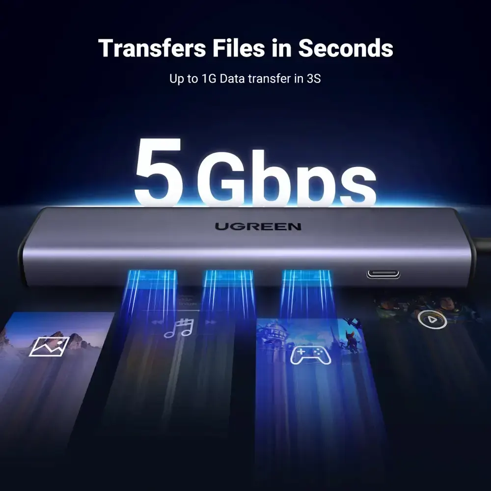 USB ჰაბი UGREEN CM475 (60554), USB, Type-C, LAN, HUB, Grey