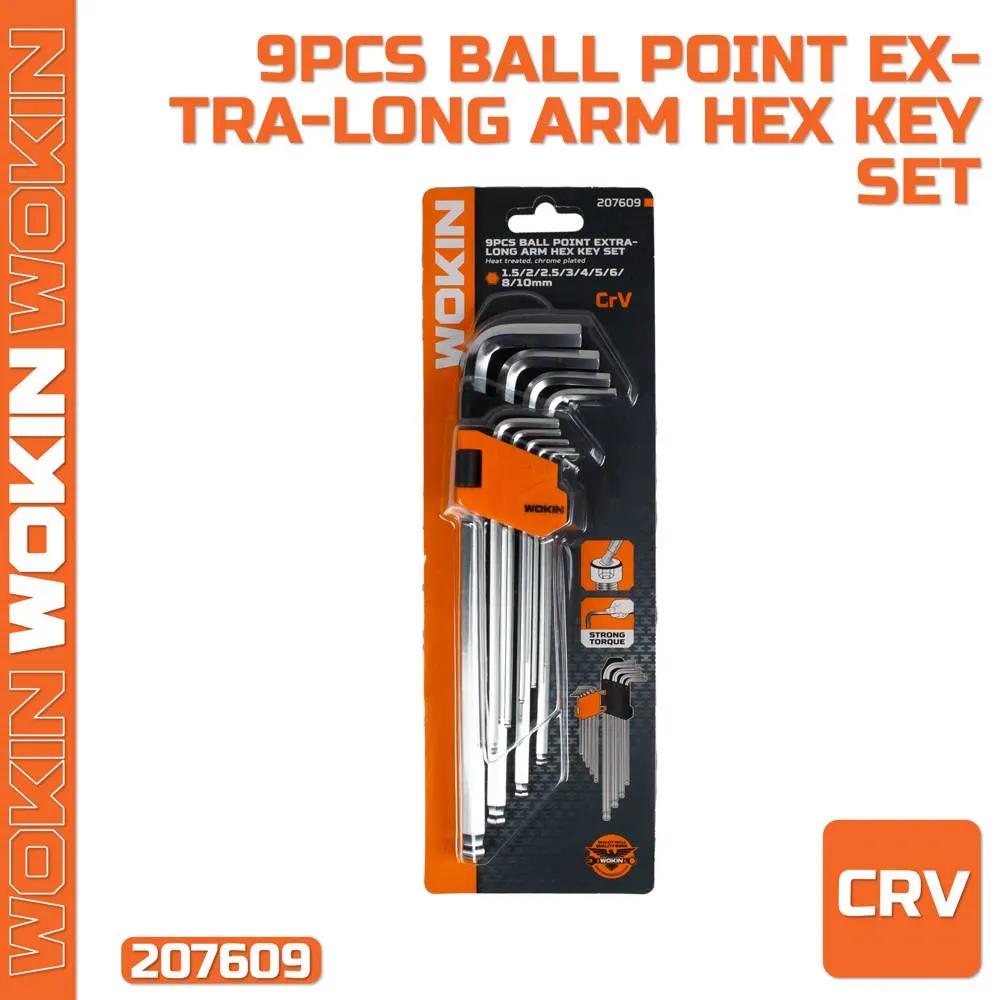 ექვსკუთხა სახრახნისის ნაკრები Wokin 207609, 9Pcs BALL POINT EXTRA-LONG ARM HEX KEY SET, Silver/Black