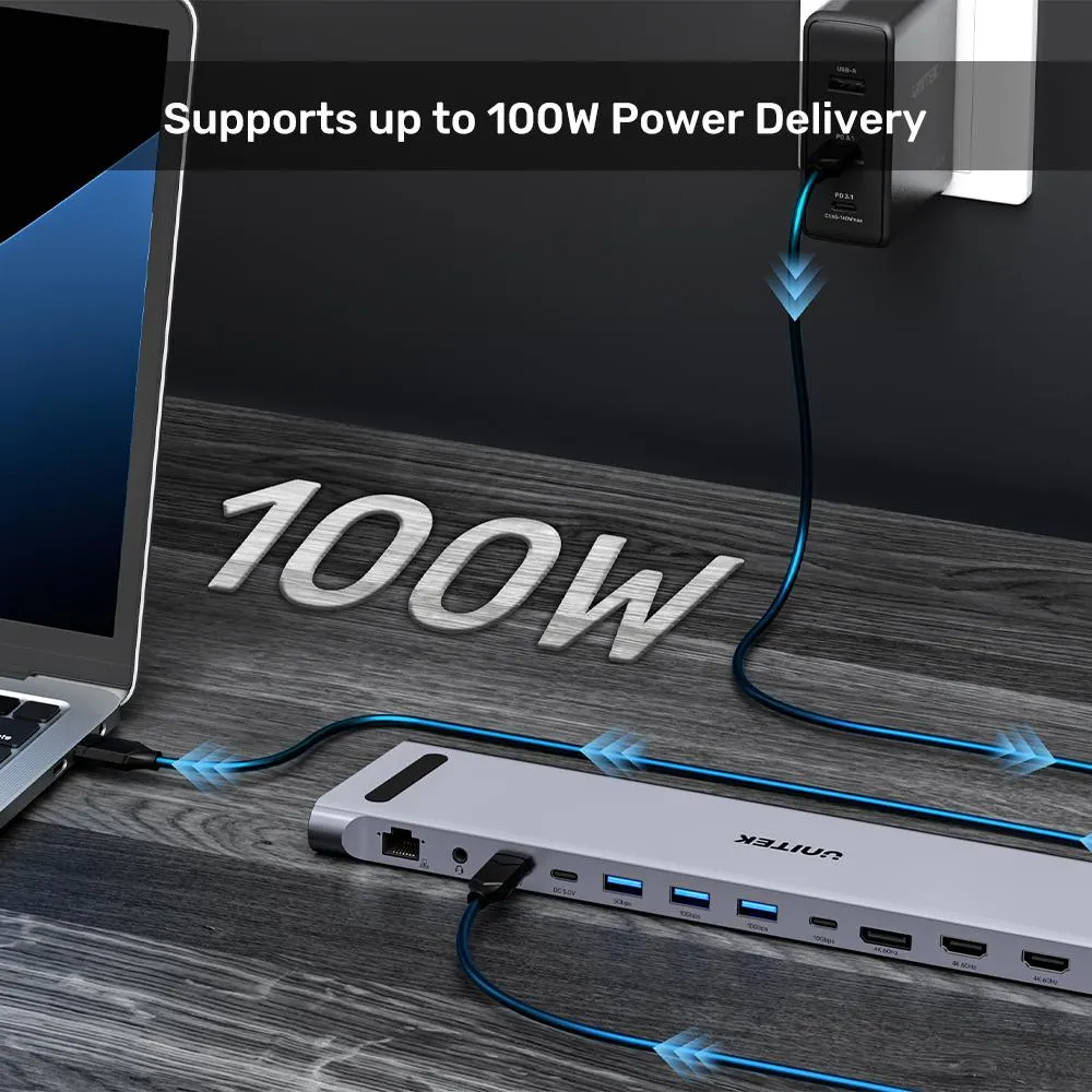 D1106A, UNITEK, Docking Station, 13-in-2 KVM (2*HDMI+DP+USB+2*USB 10Gb+USB-C 10Gbps+SD/Micro+Audio+1GB LAN+PD 100W+DC5V)+HDMI
