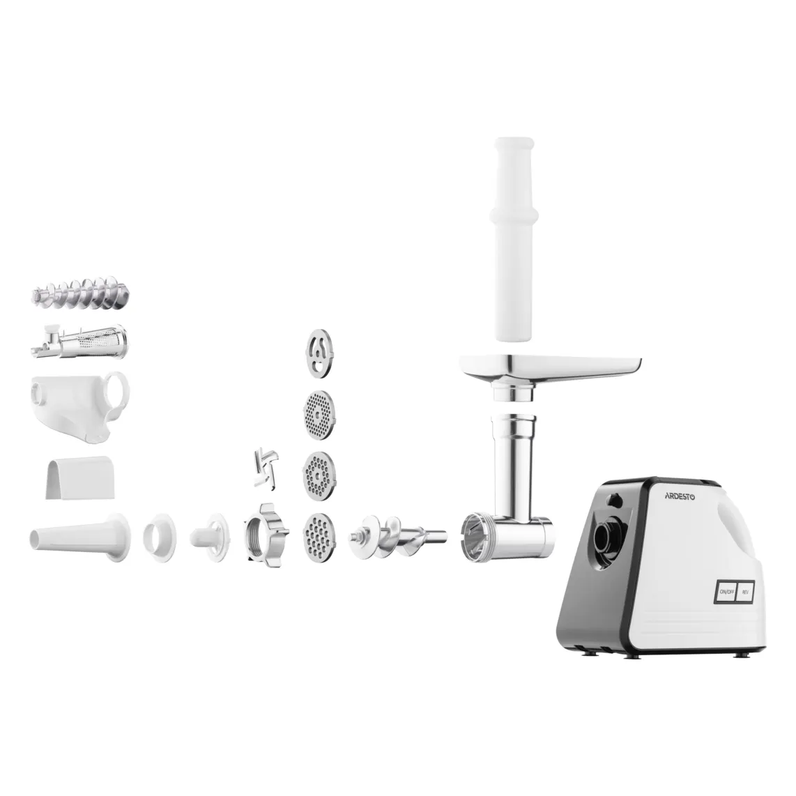 ხორცსაკეპი მანქანა Ardesto Meat grinder, 2300W, prod.-2.2kg/min, 4 cutting plates+for sausag.plates, tomato juicer, plastik, white-black