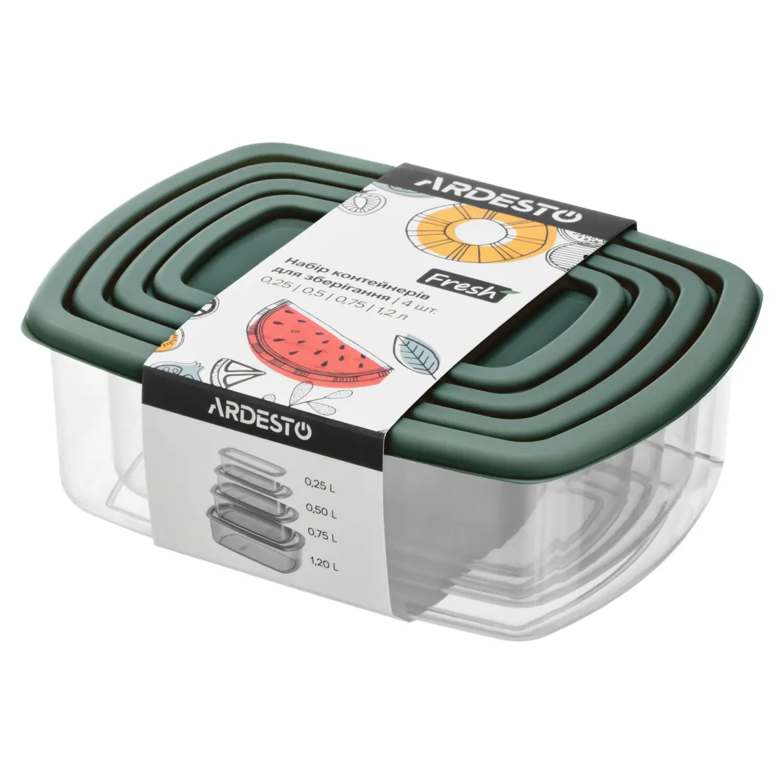 ARDESTO Set of food storage containers Fresh 0.25/0.5/0.75/1.2l, plastic, rectangular, green