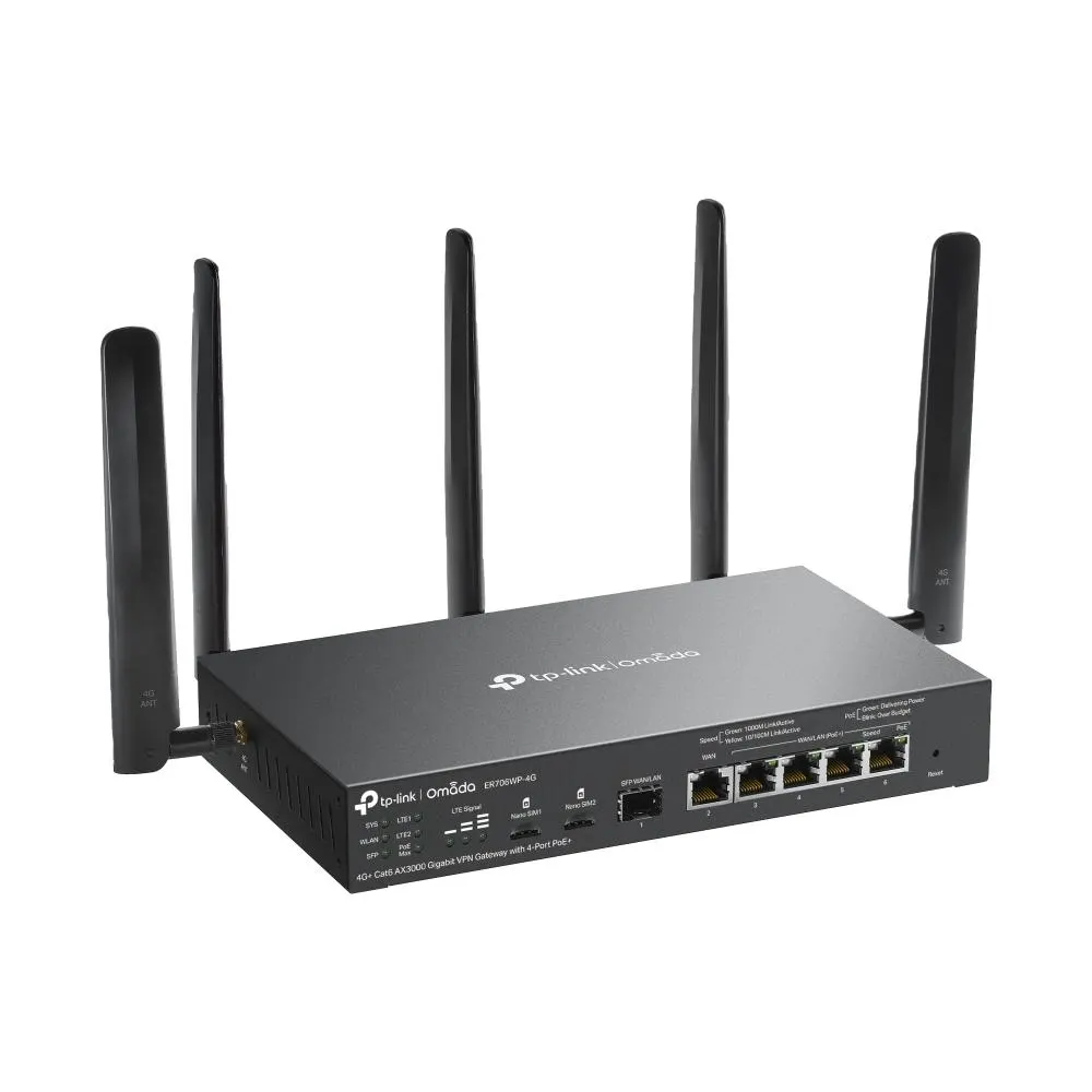 TP-Link, ER706WP-4G, Router, Omada 4G+ Cat6 AX3000 Gigabit VPN Gateway with 4-Port PoE+