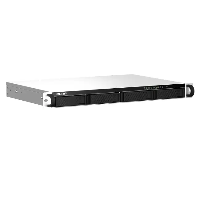 4-bay 1U short depth 12" rackmount NAS, Intel Celeron N5105/N5095 quad-core, burst up to 2.9 GHz; 4GB RAM (2 x SODIMM slots, max 16GB total); 4 x