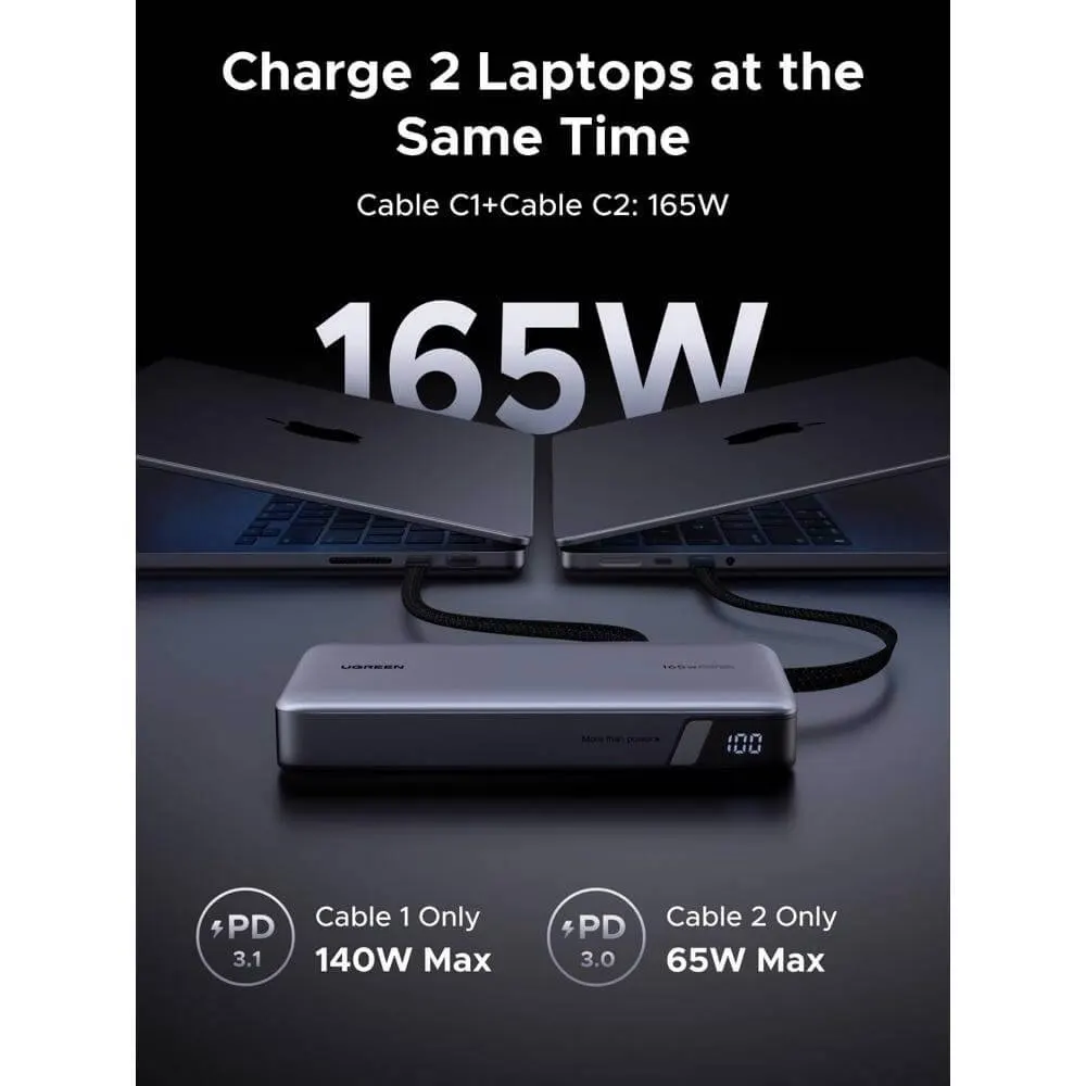UGREEN PB552 (55995B) Nexode, 25000mAh, Type-C, USB, Power Bank With Built-in Type-C Cable, Grey