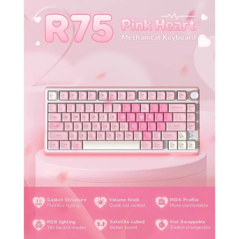 Royal Kludge RK R75-PM-XH RGB Mechanical Keyboard, Cream Switch, Hot Swappable, Wired, USB, Pink Melody