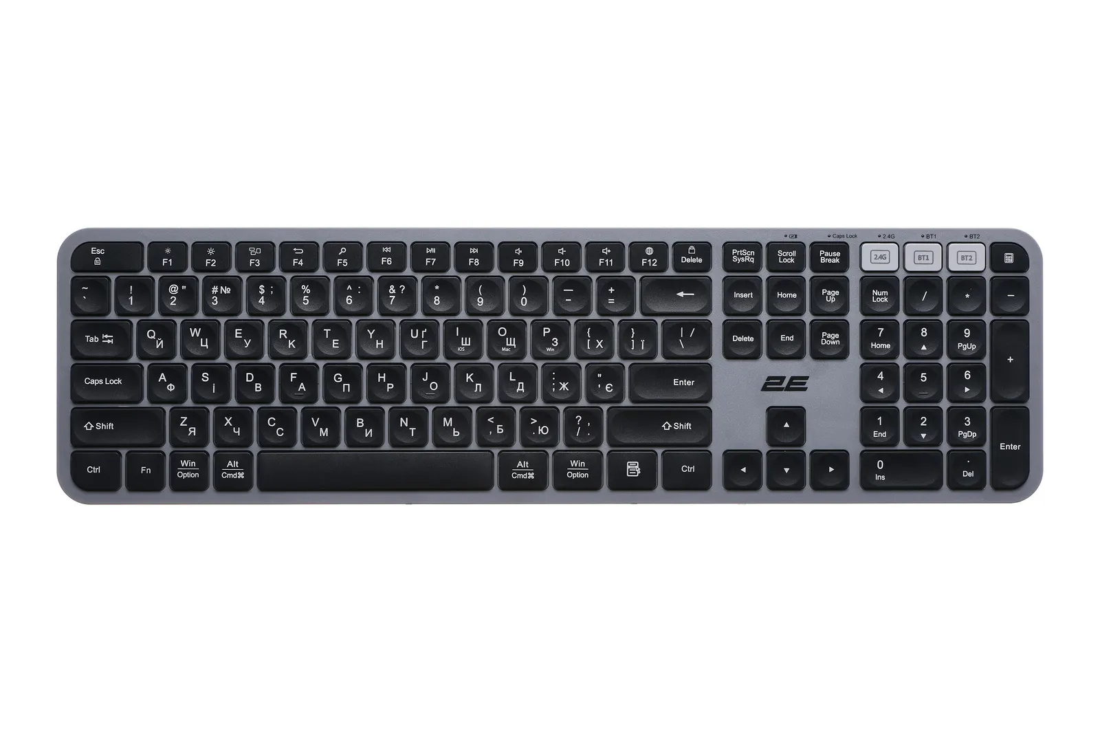კლავიატურა 2E Keyboard membrane KS240 110key, WL/BT, EN/UK, grey-black