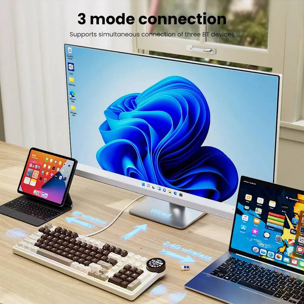 კლავიატურა Royal Kludge RK N99 RGB Mechanical Keyboard, Violet Switch, Hot Swappable, Wireless, USB, Bluetooth, 2.4GHz, Mocha Grey