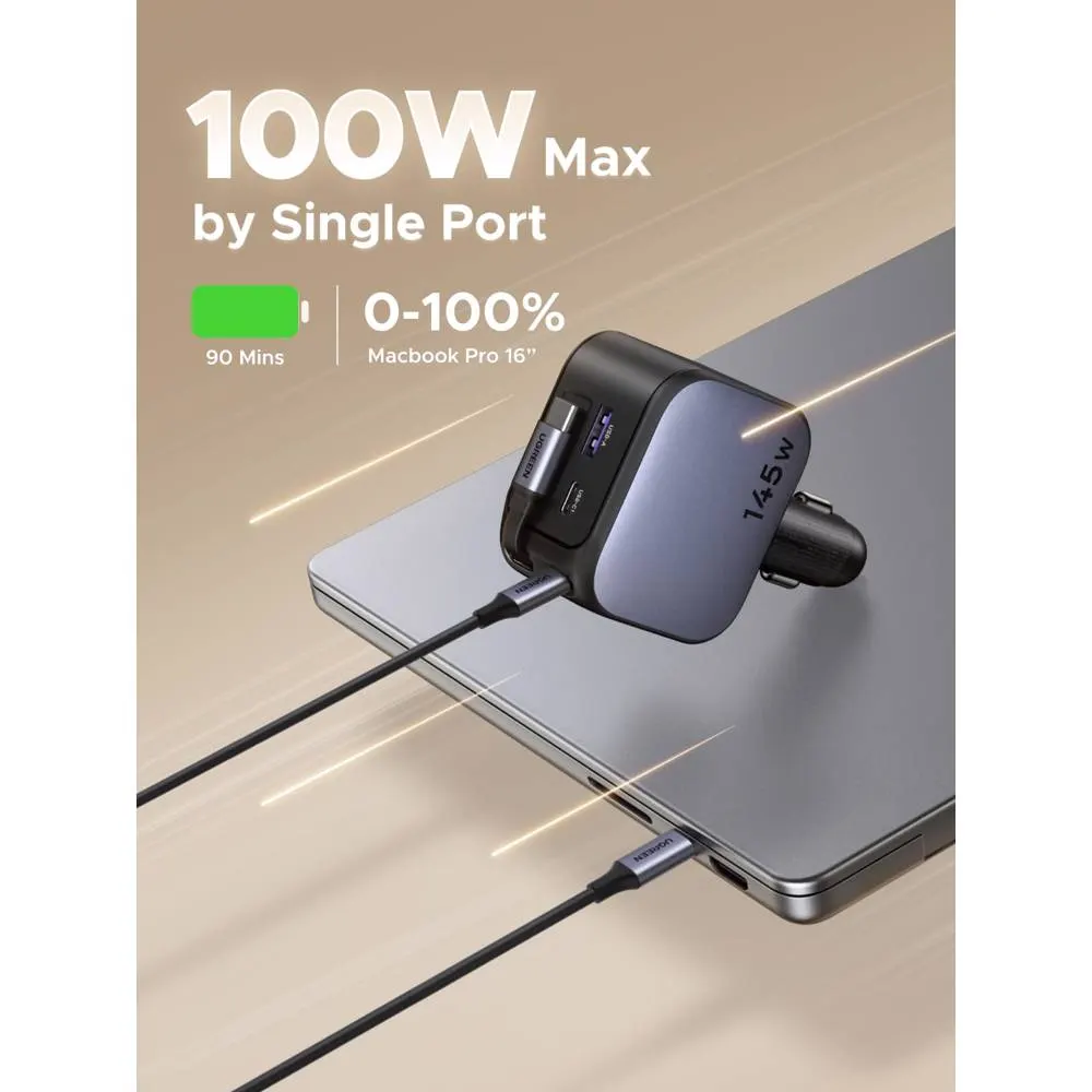 მანქანის დამტენი UGREEN EC604 (55910B) Nexode, 145W, Car Charger With Retractable Type-C Cable, Grey