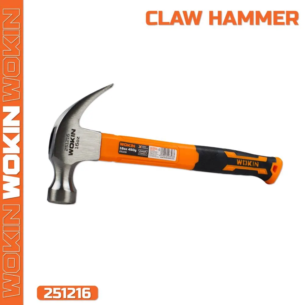 Metal claw hammer with rubber handle Wokin 251216, 16OZ(29MM/450G), Claw Hammer, Black/Orange