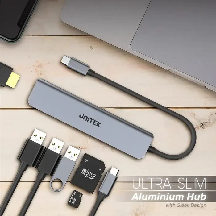 H1118A, UNITEK, 7-in-1 USB-C 5Gbps Hub (USB3.0+2*USB2.0+SD/Micro SD Card Reader+HDMI+PD 100W), Space Grey