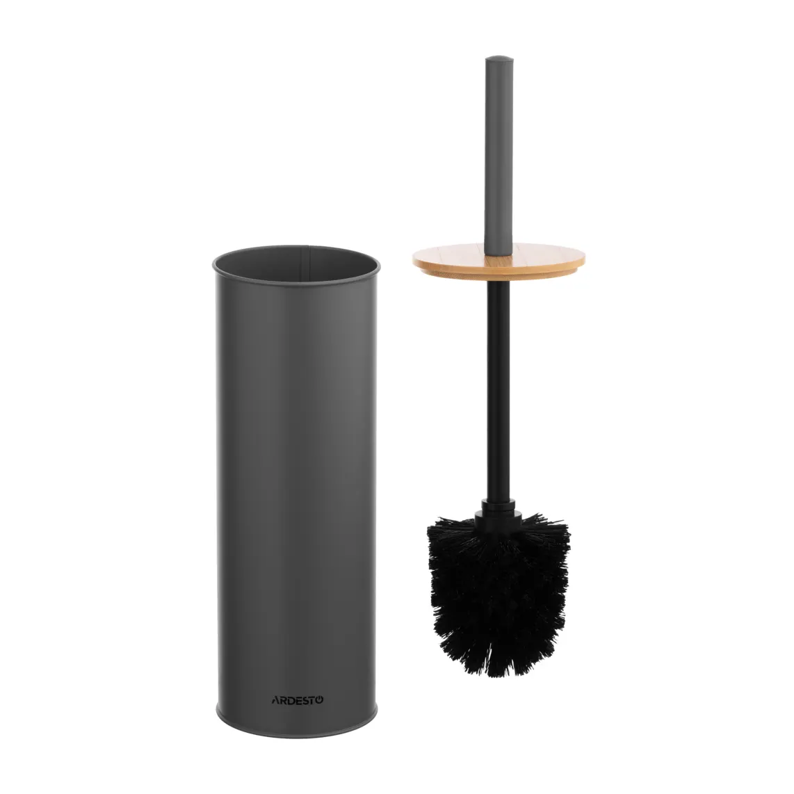 Toilet brush set with stand Ardesto Minimalism, 9.5x27.5/38cm, metal, polypropylene, bamboo, dark grey