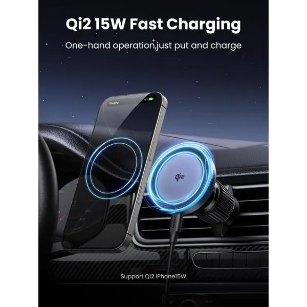 ტელეფონის სამაგრი Qi2, UGREEN, Car Charger, 15W, Wireless Car Mount Charger, Black/Grey.