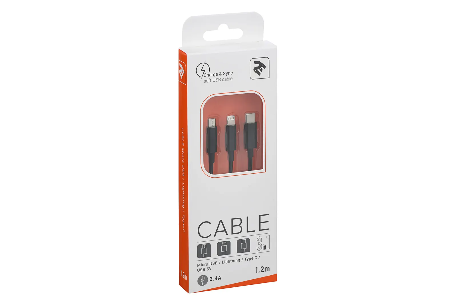 Lightning კაბელი Cable 2E USB 3 in 1 Micro/Lightning/Type C, 5V/2.4A, Black,1.2m