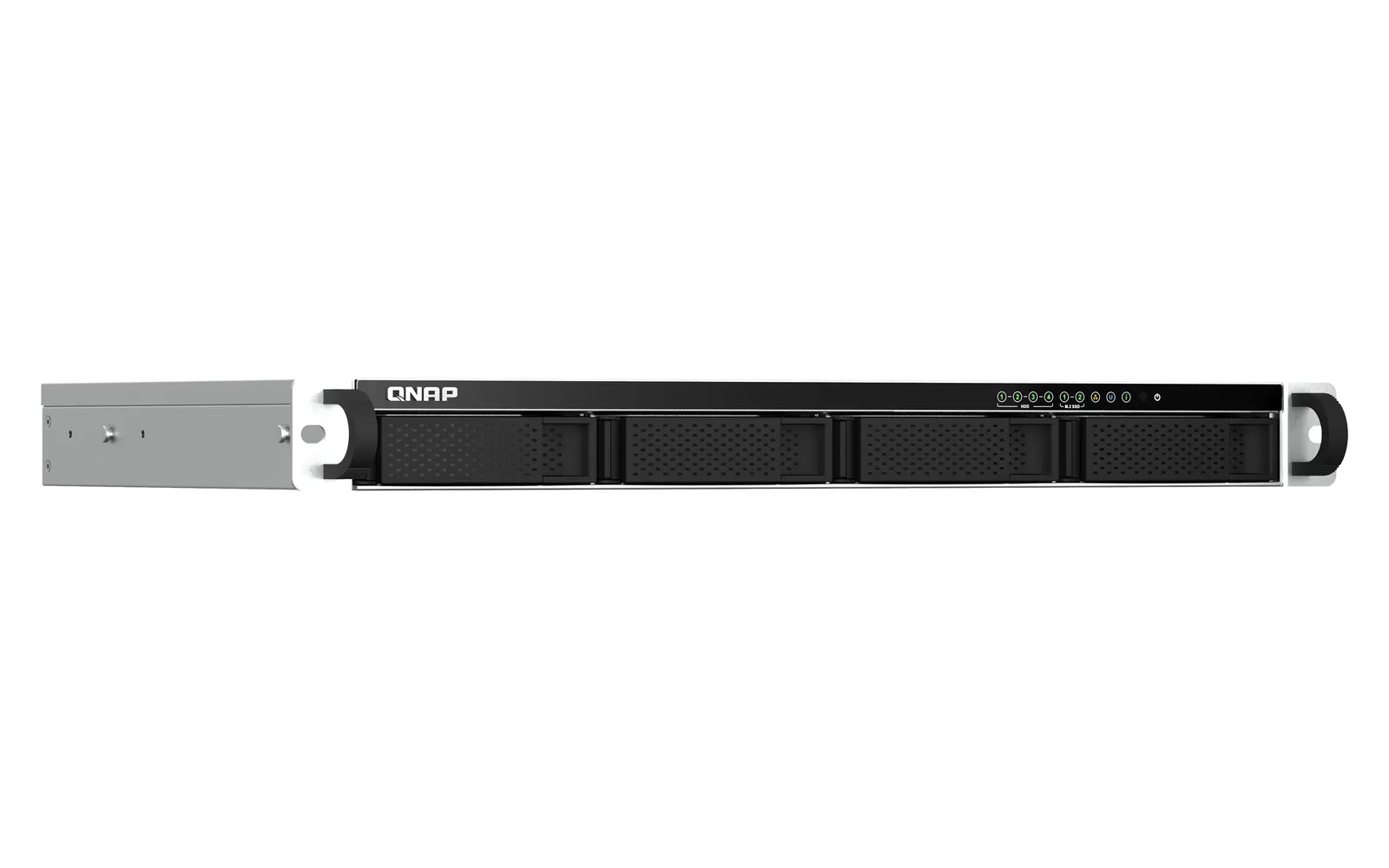 4-bay 1U short depth 12" rackmount NAS, Intel Celeron N5105/N5095 quad-core, burst up to 2.9 GHz; 4GB RAM (2 x SODIMM slots, max 16GB total); 4 x