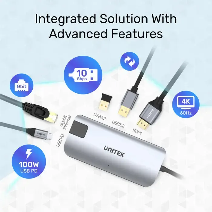 D1028A, UNITEK, 5-In-1 USB3.1 10Gbps Multi-Port Hub (2-Port USB-A 10Gbps + HDMI 4K60Hz + RJ45 + PD 100W), Space Grey
