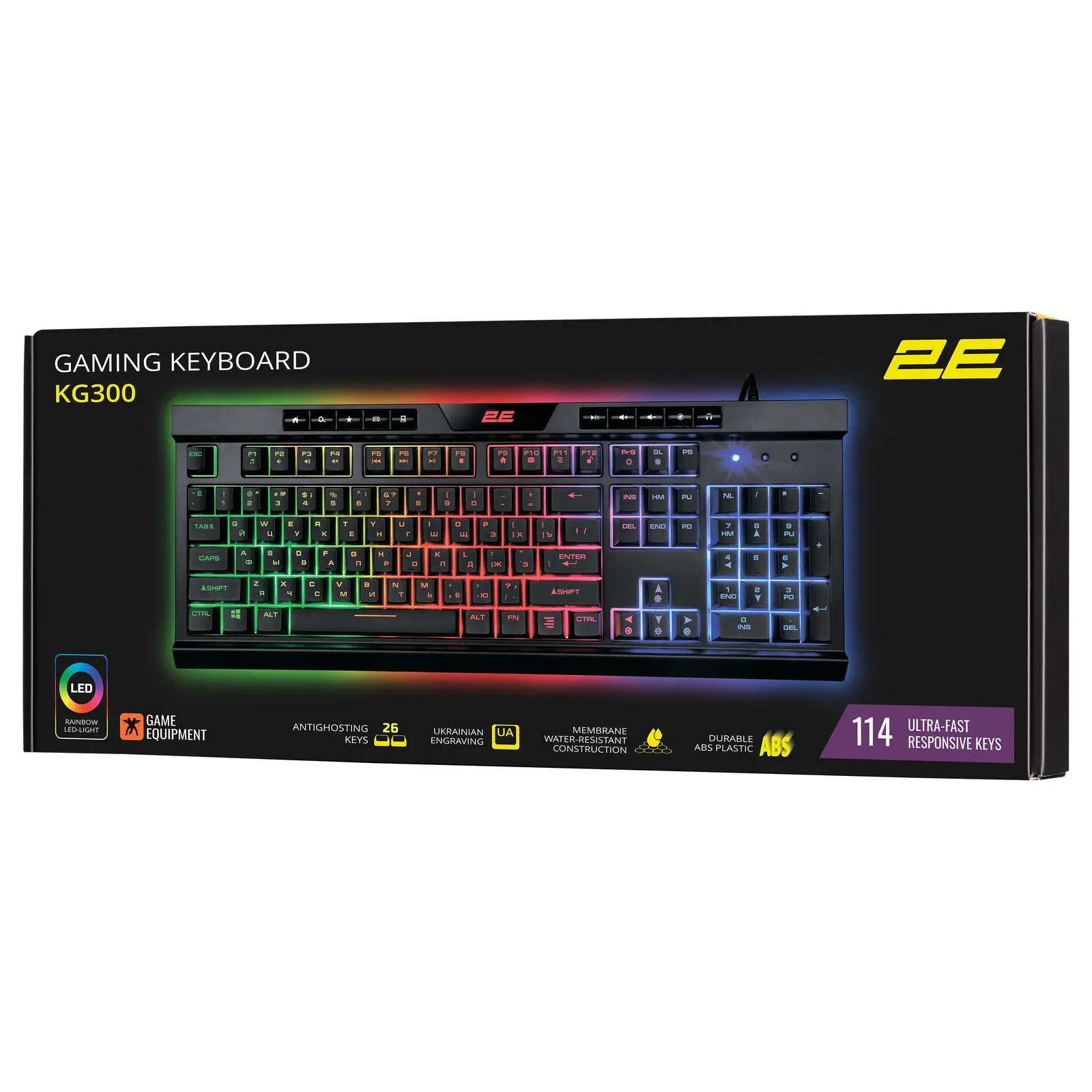 კლავიატურა 2E GAMING Membrane keyboard KG300 114key, USB-A, EN/RU, LED, black