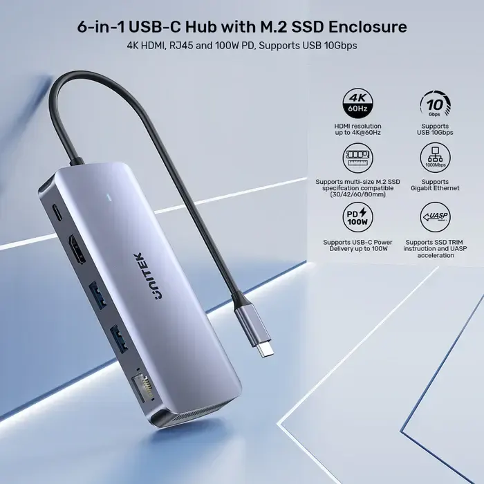 Type-C ჰაბი D1120A, UNITEK, USB HUB, 6-in-1 USB-C 10Gbps Hub.