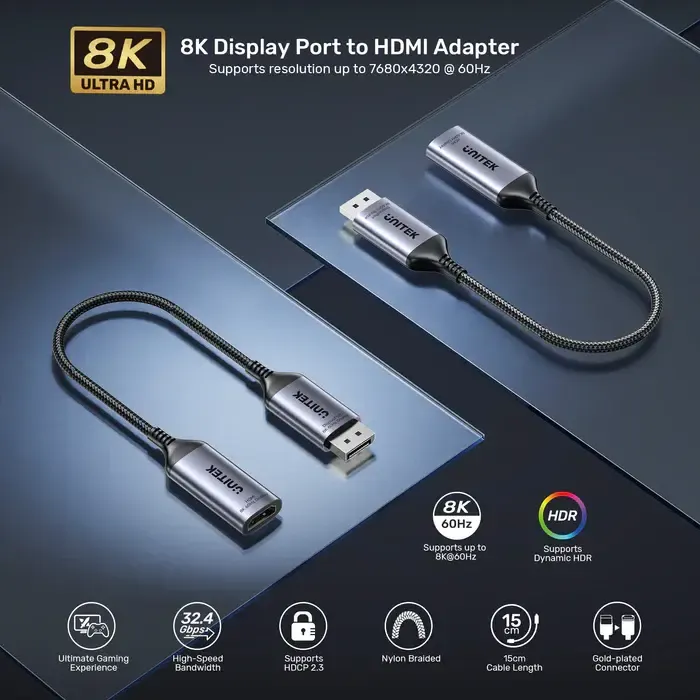 HDMI კაბელი V1611A, UNITEK, Adapter, DisplayPort to HDMI Female Adapter 8K 60Hz .