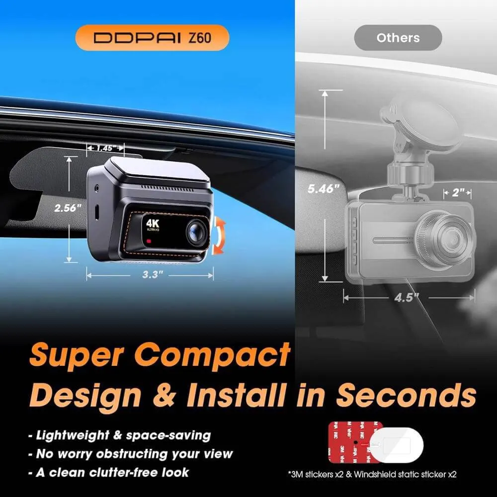 მანქანის ვიდეო რეგისტრატორი DDPAI Z60 2026 4K Dashcam 140°, WIFI GPS, Bluetooth Front and Rear Cam, Car Video Recorder, Black
