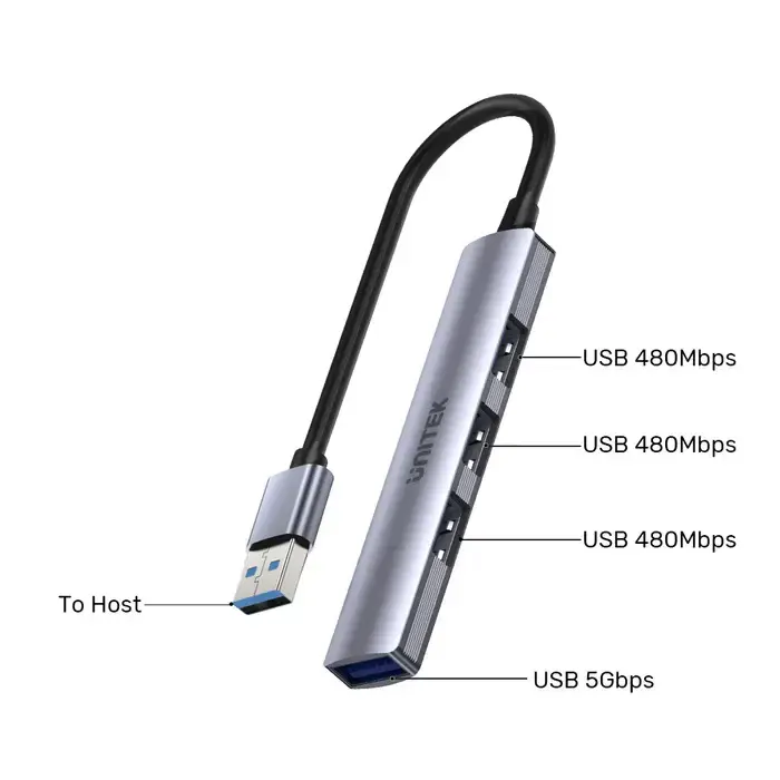 H1208A, UNITEK 4-in-1 USB-A 5Gbps Hub (3x480Mbps 1x5Gbps 3.0), Slim, Space Grey