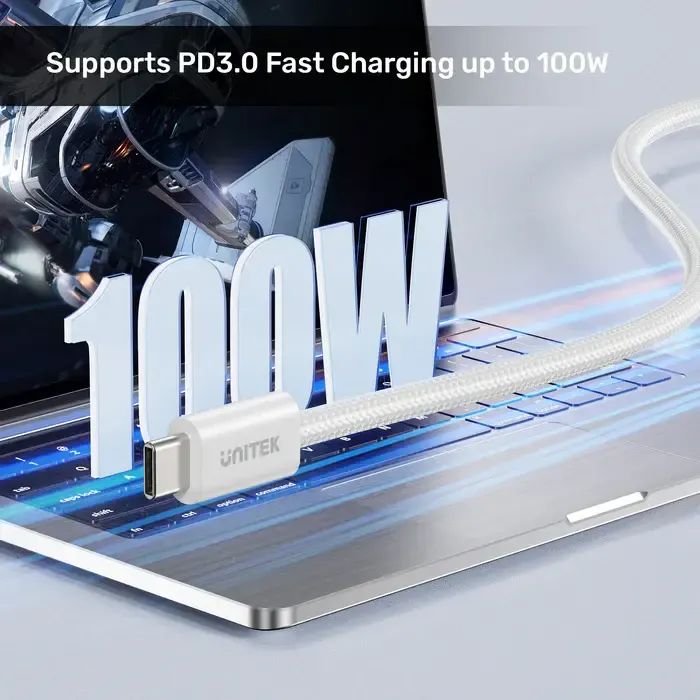 C14141AWH01-1M, UNITEK, 1M, 100W Magnetic USB-C Charging Cable, White.