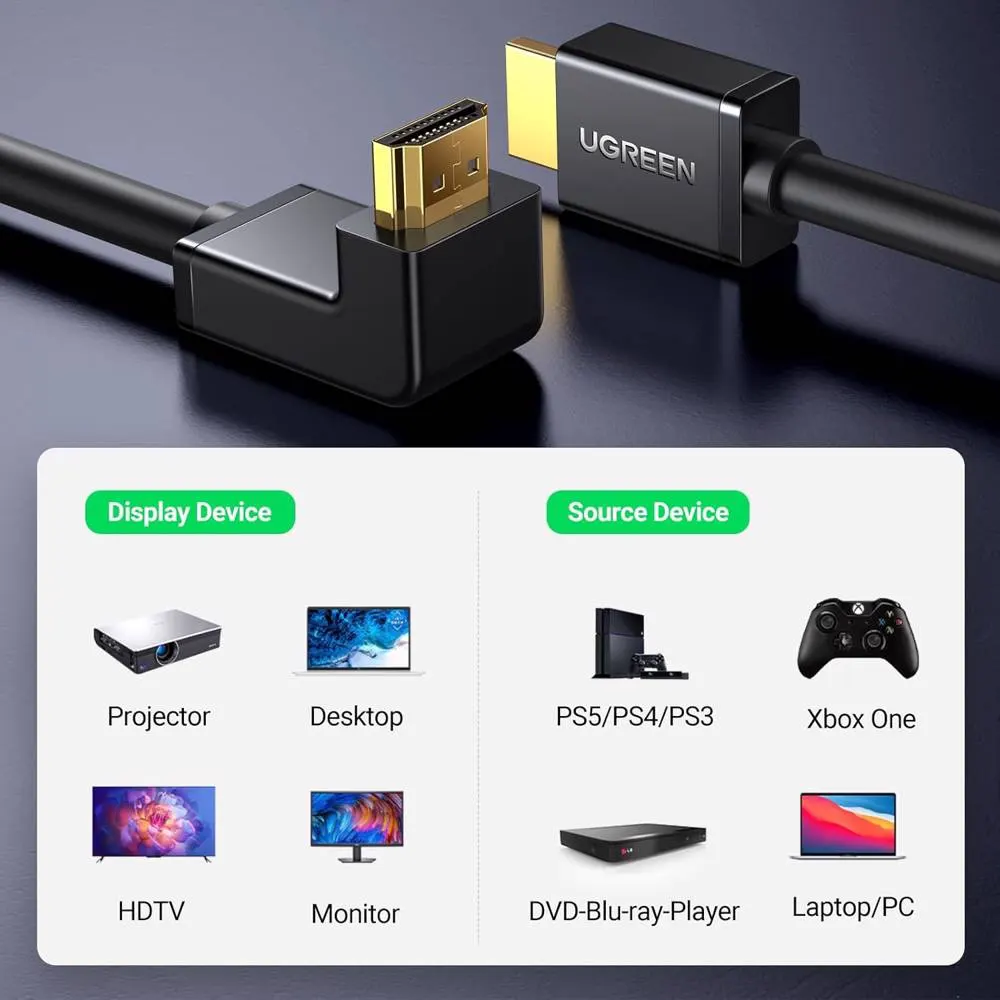 HDMI კაბელი UGREEN HD103 (10172), 4K HDMI Cable Male to Male, 90 Degree, 1m, Black