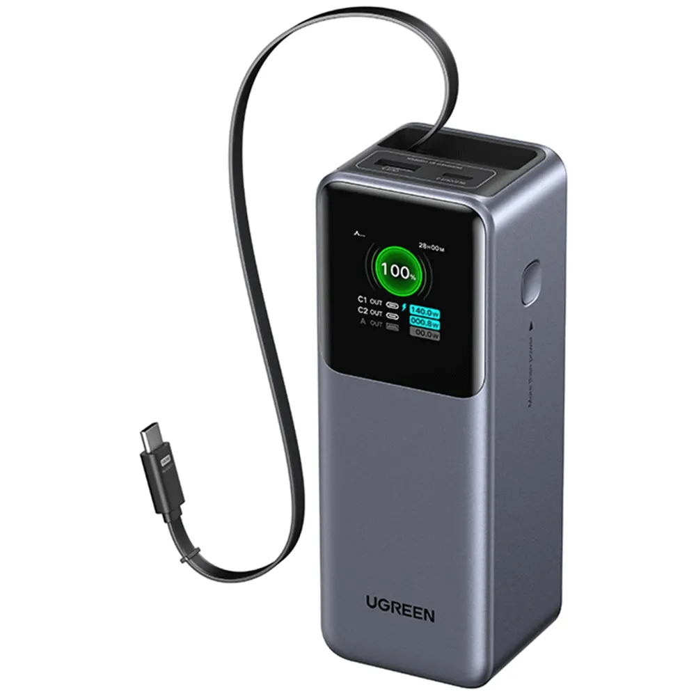 UGREEN PB726 (95670B) Nexode, 20000mAh, Type-C, USB, Power Bank With Retractable Cable, Grey