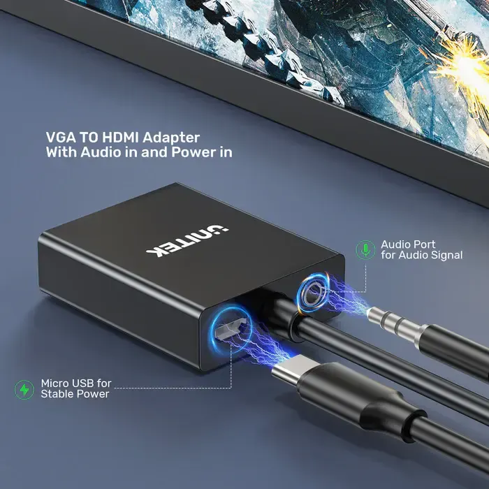 V1112ABK01, UNITEK, VGA to HDMI Adapter with Audio & Power Port