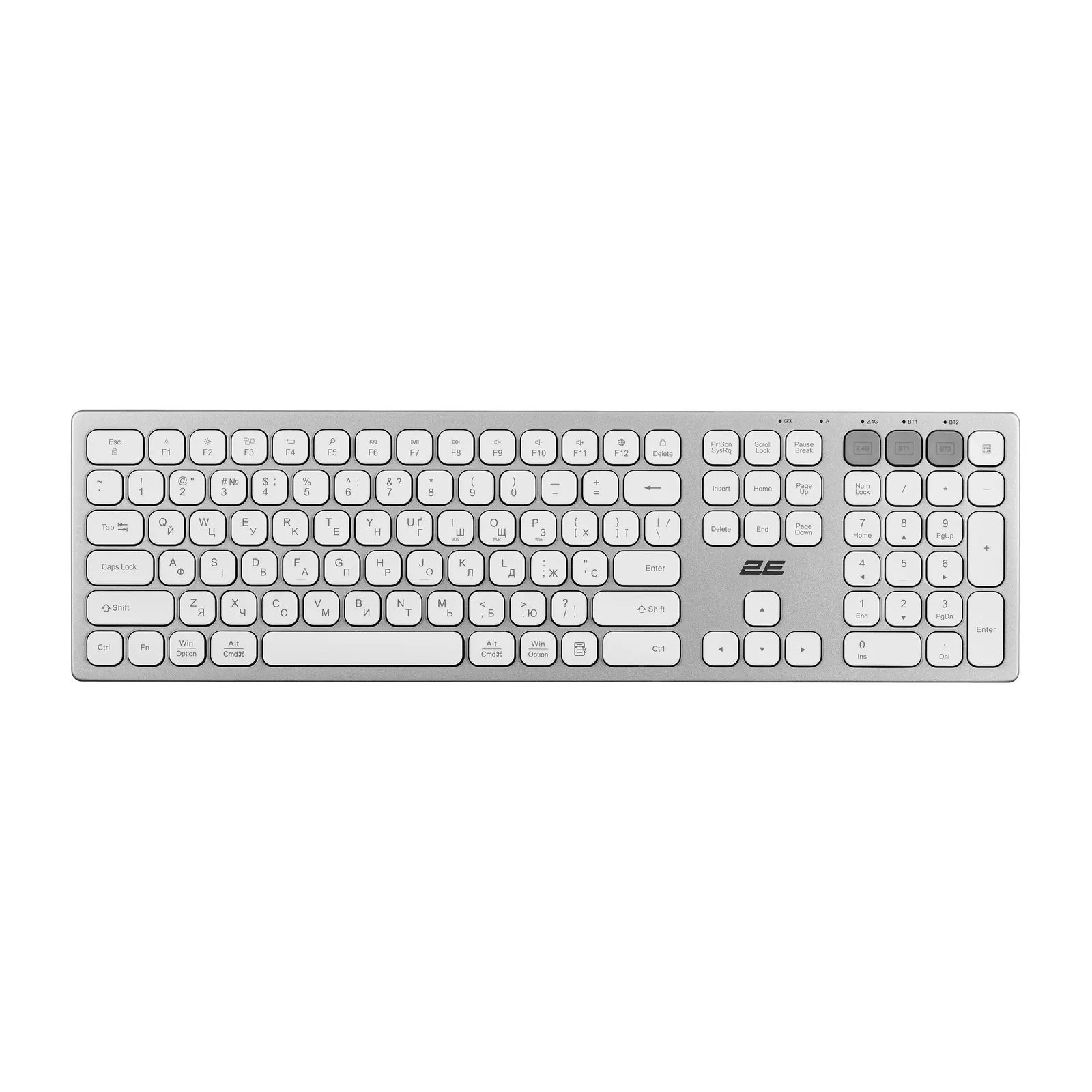 კლავიატურა 2E Keyboard membrane KS270 109key, WL/BT, EN/UK, silver-white