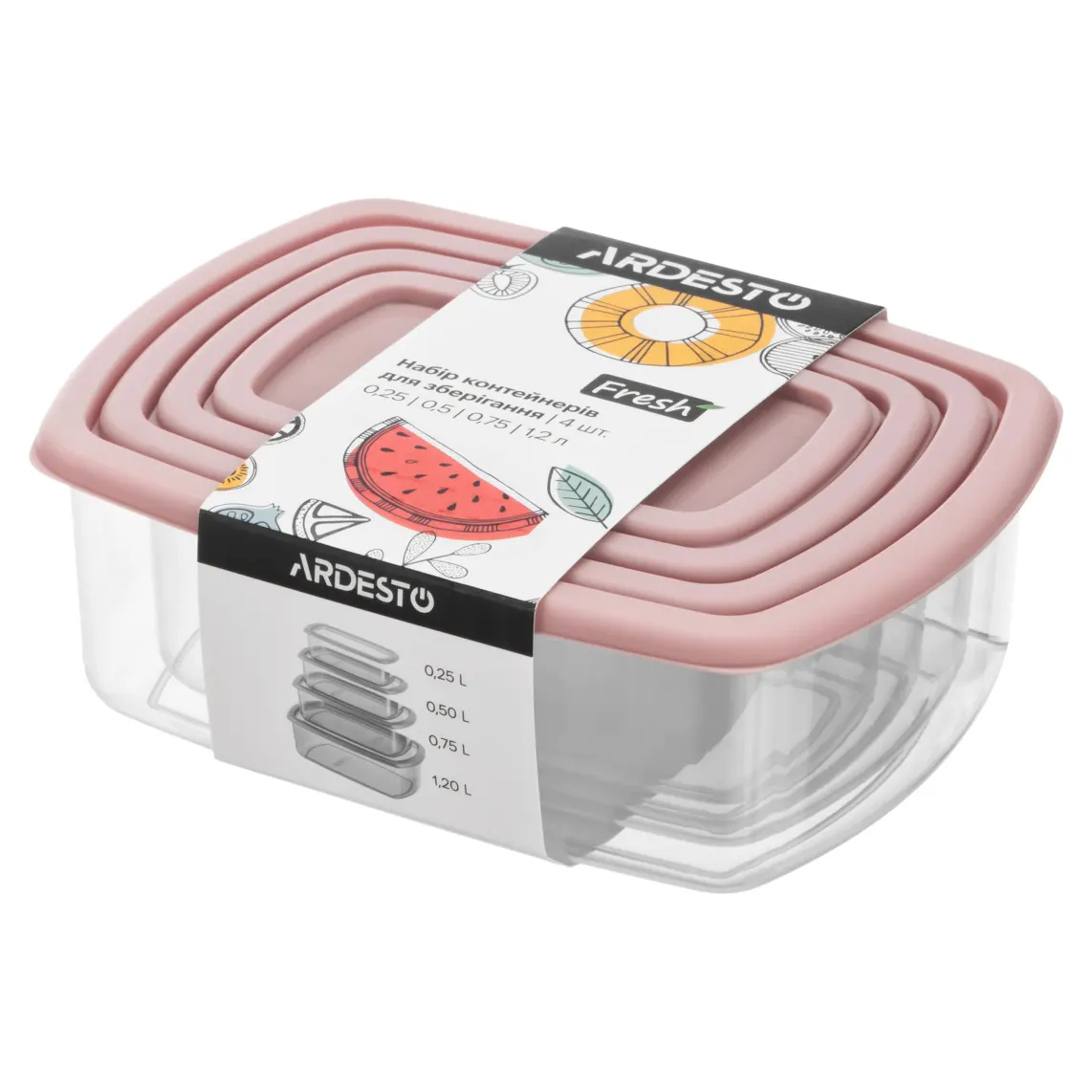 საკვების კონტეინერი ARDESTO Set of food storage containers Fresh 0.25/0.5/0.75/1.2l, plastic, rectangular, pink