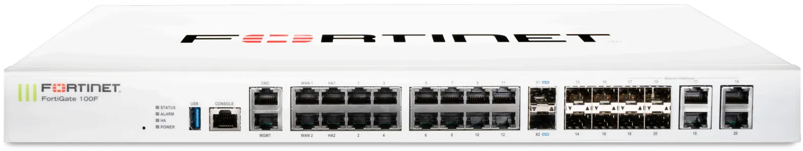 22 x GE RJ45 ports (including 2 x WAN ports, 1 x DMZ port, 1 x Mgmt port, 2 x HA ports, 16 x switch ports with 4 SFP port shared media), 4 SFP ports,
