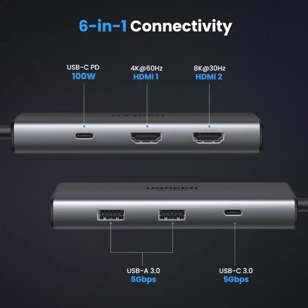 CM498, UGREEN, HUB, USB-C hub Revodok 206, 2xHDMI, USB, Type-C, Grey.