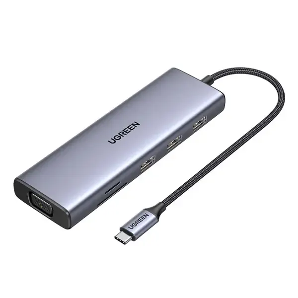 Type-C ჰაბი CM498, UGREEN, USB HUB, USB-C, USB, HDMI, VGA, RJ45, SD, TF, Hub, Gray.