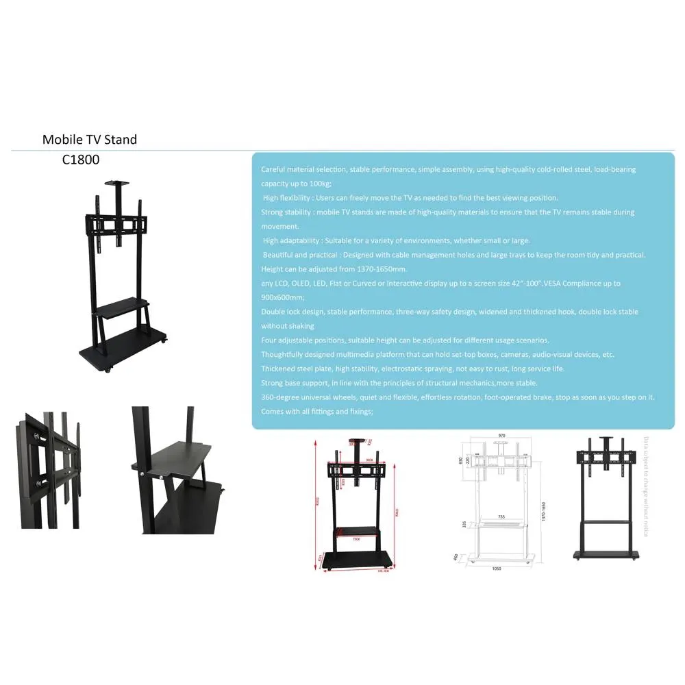 ტელევიზორის საკიდი Allscreen C1800, 42"-100", TV Mount With Roller, Black