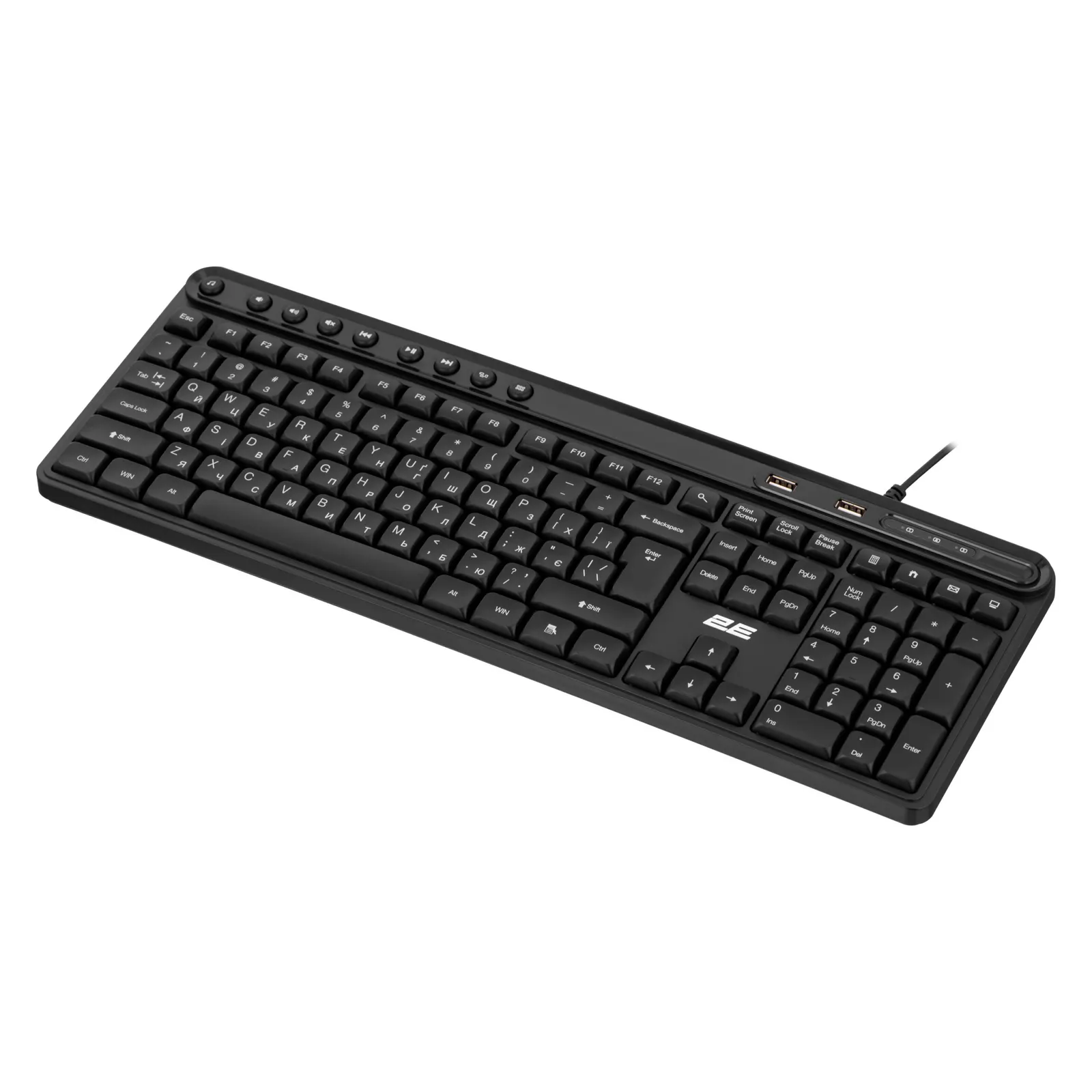 კლავიატურა 2E Membrane keyboard KS1100 104key, 2xUSB HUB, USB-A, EN/UK, black